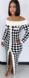 Sexy White and Black Check Off Shoulder Split Sweater