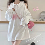 Kawaii White Hoodies Women Japanese Cute Heart Print Off-shoulder Long Sleeve Sweatshirt Soft Girl Korean Fashion