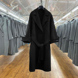 Winter 2021 Korean Handmade Double Sided Long Black 100% Sheep Wool Coat Women Loose Lacing Belt Pink Woolen