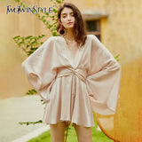 Vintage Tunic Women Dress V Neck Long Sleeve High Waist Lace Up Bowknot Mini Elegant Dresses Female Summer 2020