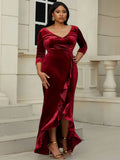 Size Ruffled Three-Quarter Sleeve High-Low Velvet