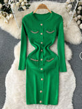 Pocket Fashion Women Sweater Dress V Neck Chain Long Sleeve Bodycon Dress Female Elastic Solid Warm Knitted