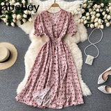 button floral print V Neck Long Dress Summer Party elastic waist dress Women elegant tunic split beach