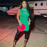 Number Embroidery Turtleneck Sleeveless Side Hollow Out Mini Dress Sexy Fashion Clothes for Women Clubwear