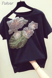 Korean Fashion Women T-shirts Short Sleeve T Shirt 2023 Summer Embroidery Flower Top Ladies White Graphic Tees