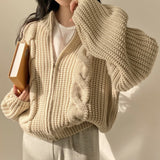 Cable Knit Loose Zip Up Cardigan-Outfit