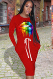 Lip Print Drawstrings O-Neck Shirt