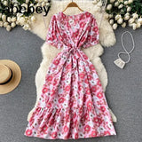 2022 Vintage Floral Print V Neck Bandage Dress Summer Midi Long Party Women High Waist Vestido De Festa Elegant