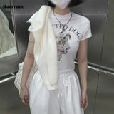 Korean Fashion Crop Tops Spotted Dog Printed Short Sleeve T-shirt Kawaii Summer Streetwear Sexy Slim White Tshirts