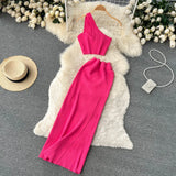 Pink Summer Women Solid 2 Piece One Shoulder Crop Top Tanks Slit Midi Skirt Set Bodycon Sexy Party Elegant