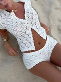 Spring And Summer New Women's Shawl Short Hollow Knitted V-Necked Shirt Shorts
