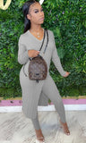 Casual Basic Ribbed V-Neck Slit Long Top and Legging