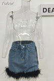 Fashion Women's Denim Skirt Zipper Spliced Feathers High Waist Solid Color Slim Female Mini Skirts Summer 2023 New