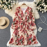 Autumn Women Floral Draped Mini Dress Bohemian Female V-Neck Puff Long Sleeve High Waist Bandage Pleated Vestido Female Robe
