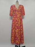 Summer Print V-Neck Sexy Bohemian Bubble Sleeve Holiday Beach
