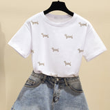 Fashion Ins Puppy Hot Rhinestone Loose T-shirt Women 2023 Summer Short Sleeve O-Neck White Cotton Tshirt Tops