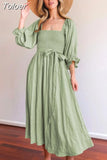 Spring Summer Tie Cord Waist Belt Ruffle Lantern Sleeve Dress Casual Women's Square Neck A-line Multi Wear Elegant