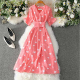 Summer French Dress Woman Heart Printed Sashes V-neck Elegant Party Luxury Plus Size Womens Dresses Leisure Robe