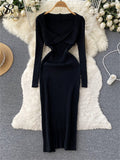 French Vinage Sexy Knitted Dress Autumn Long Sleeve Sheath Knit Dress Women 2022 Fashion Striped Knitted Long