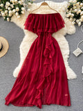 Sexy Slash Neck Chiffon Long Dress Women Red/Green/Purple Irregular Ruffle Short Sleeve High Waist Beach Vestidos Female