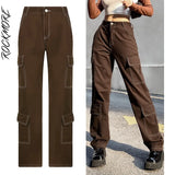 Rockmore Brown Vintage Baggy Jeans Women 90s Streetwear Pockets Wide Leg Cargo Pants Low Waist Straight Denim Trousers