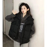 Standing Collar Fold Wear Down Cotton-Padded Jacket Cotton-Padded Jacket Vest Coat Female Spring And Autumn Winter Loose Increase Vest Outside Wear Clip Jacket-Outfit