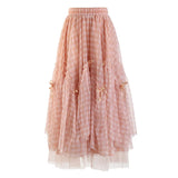 High Elastic Waist Red Plaid Irregular Bow Mesh Long Half-body Skirt Women Fashion Tide New Spring Autumn 2023