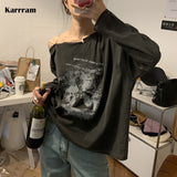 Women Vintage Print T-shirt Fairy Grunge 2021 New Autumn Long Sleeved Cool Girl Rock Strapless Tees Loose Harajuku
