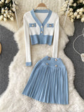 Korean Style Panelled Knitted Two Pieces Suits V Neck Mini Knitwear Tops+High Waist Pleasted Short Skirts Female