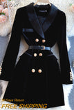 Vintage Women Winter Long Sleeve Velvet Dress Elegant Notched Collar Double Breasted Office Black Dress Slim with