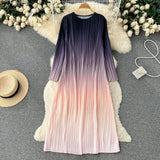 Autumn Vintage Women Draped Dress Elegant Round Neck Long Sleeve Loose Pleated Robe Female Casual Gradient Vestidos New