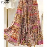 2023 Bohemian Style Retro Print Skirts Women Elastic Waist Big Hem Chic Chiffon Pleated Skirts Long Casual Beach