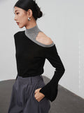 Gray Color-block Off Shoulder Knitting Sweater Turtleneck Long Sleeve Women Pullovers New Fashion Tide Autumn Winter