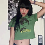 Korean Fashion Grunge Print Crop Tops Kpop Y2k Aesthetics Tshirt Vintage Graphic Japanese Tee Shirt Harajuku