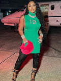 Letter Print Knit T-Shirts Women Bodycon Dress Sleeveless Turtleneck Skinny Elastic Side Split Tank Female Party Clubwear