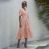 Dress Women Summer Casual Polka-dot Floral Print Midi Sundresses Black Elegant Fitted Clothing 2020 Red Dresses For