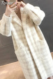 Philosophy Winter Plaid Women Faux Mink Cashmere Woolen Coat ladies casual turn-down collar coats female warm