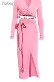 Fashion Women's 2 Pcs Set New V-neck Long Sleeve Bandage Tops And Lace Up Waist Mid-calf Skirt Female Summer 2023