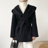 Women Solid Color Wool Coats With Belt Long Sleeve Hooded Pockets Coats Female Chic Elegant