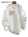 Korean Fashion Patchwork Diamond Shirt For Women Stand Collar Long Sleeve Solid Button Through Blouse Female