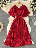 Women's Dress Temperament French Pleated Slim Long Vacation Style Chiffon Pleated Skirt Solid Color V-neck Women's