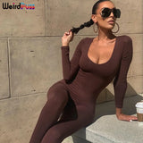 Puss Spring Women Casual Long Sleeve Jumpsuits Stretchy Fitness Skinny Low-Neck Workout Fashion Streetwear Slim