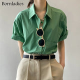 Basic Green Shirts for Women Summer Turn-down Collar Office Ladies Loose Short Sleeve Blouse Female Tops Blusas