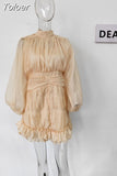 Vintage Fold Dress Long Lantern Sleeve Turtleneck High Waist Slim Summer Dresses Women Fashion Clothes 2023