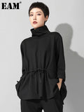 2023 New Spring Autumn High Collar Long Sleeve Black Loose Pocket Drawstring Big Size T-shirt Women Fashion Tide