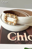 Fashion Women's PU Leather Belt Diamond Decoration Pearl Dress Belt Solid Color Belts All Season 2023 Trend New