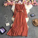 New Spring Autumn Temperament V-Neck long sleeve Dress high waist lace up waist solid color long A-line Pleated