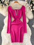 Retro Bodycon Knitted Dress Temperamant Long Sleeve Slim Sweater Dress Square Collar Women Winter Short Knit