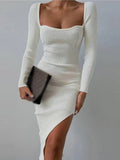 Women Square Collar Split Knitted Dress Slim Sexy High Waist Long Sleeve Lady Pencil Dresses 2022 Autumn Winter Party Lady