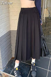 Korean Vintage Pleated Skirt Long Women Autumn Low Rise Preppy Style Casual A-Line Midi Skirt for Girls 90s
